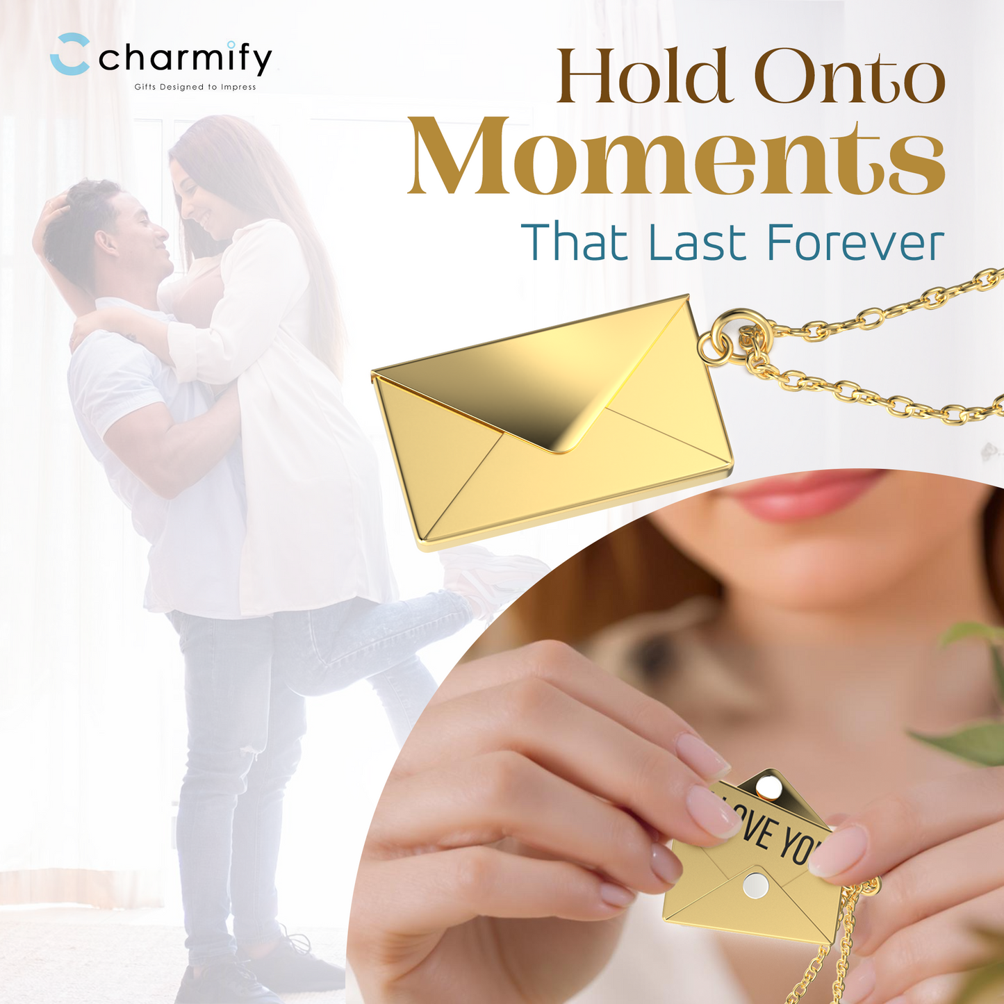 Gold envelope-shaped pendant with chain, shown on a necklace, with a couple embracing in the background.