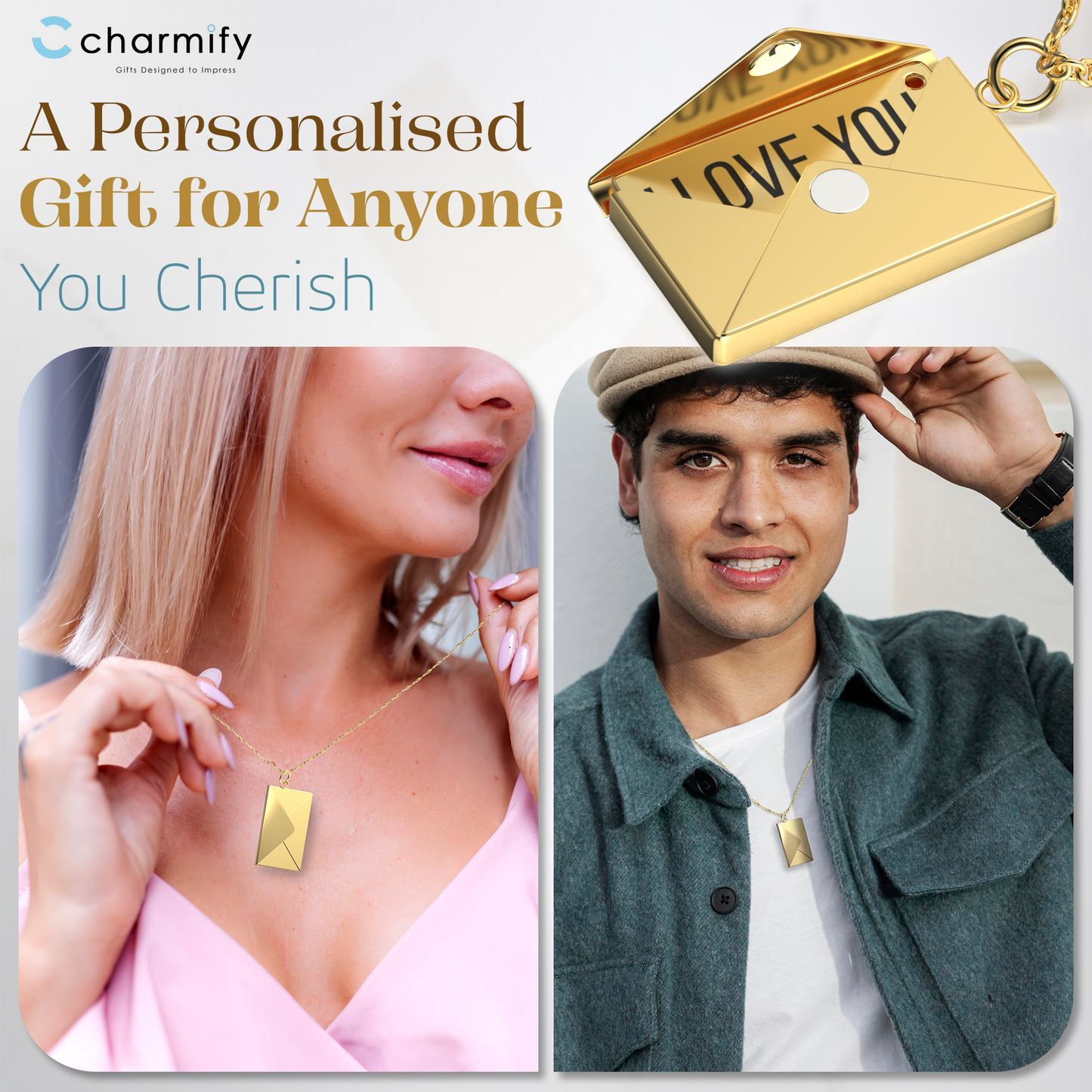 Gold necklace with 'LOVE YOU' pendant displayed on a person, with text about personalized gifts from Charmify.