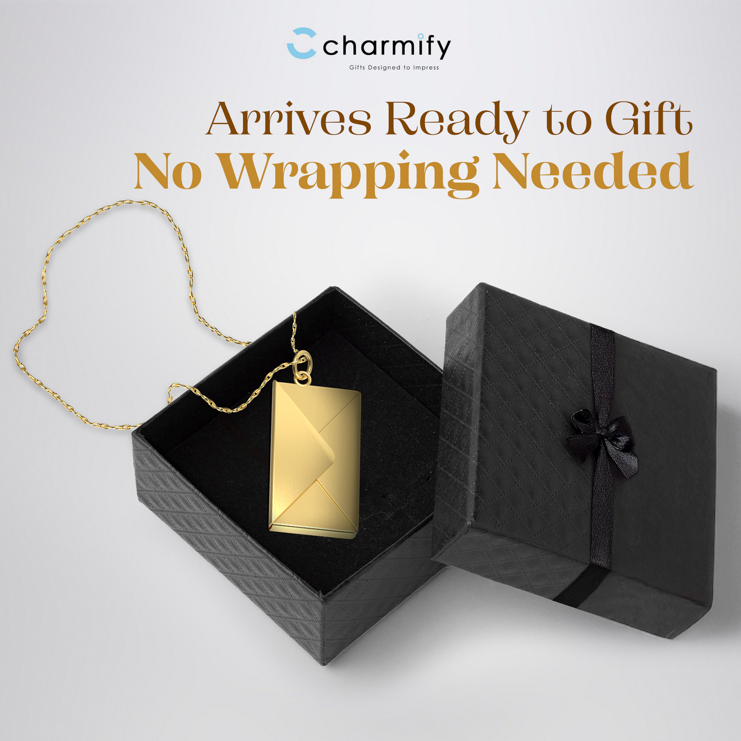 Gold pendant in a black gift box with 'charmify' branding and text 'Arrives Ready to Gift No Wrapping Needed'.