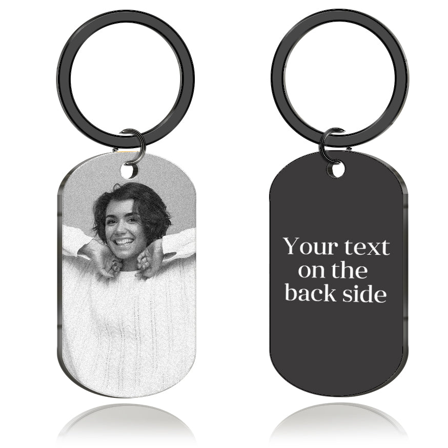 Black oval keychain with engraved text and a photo of a pretty girl β Custom personalised gift