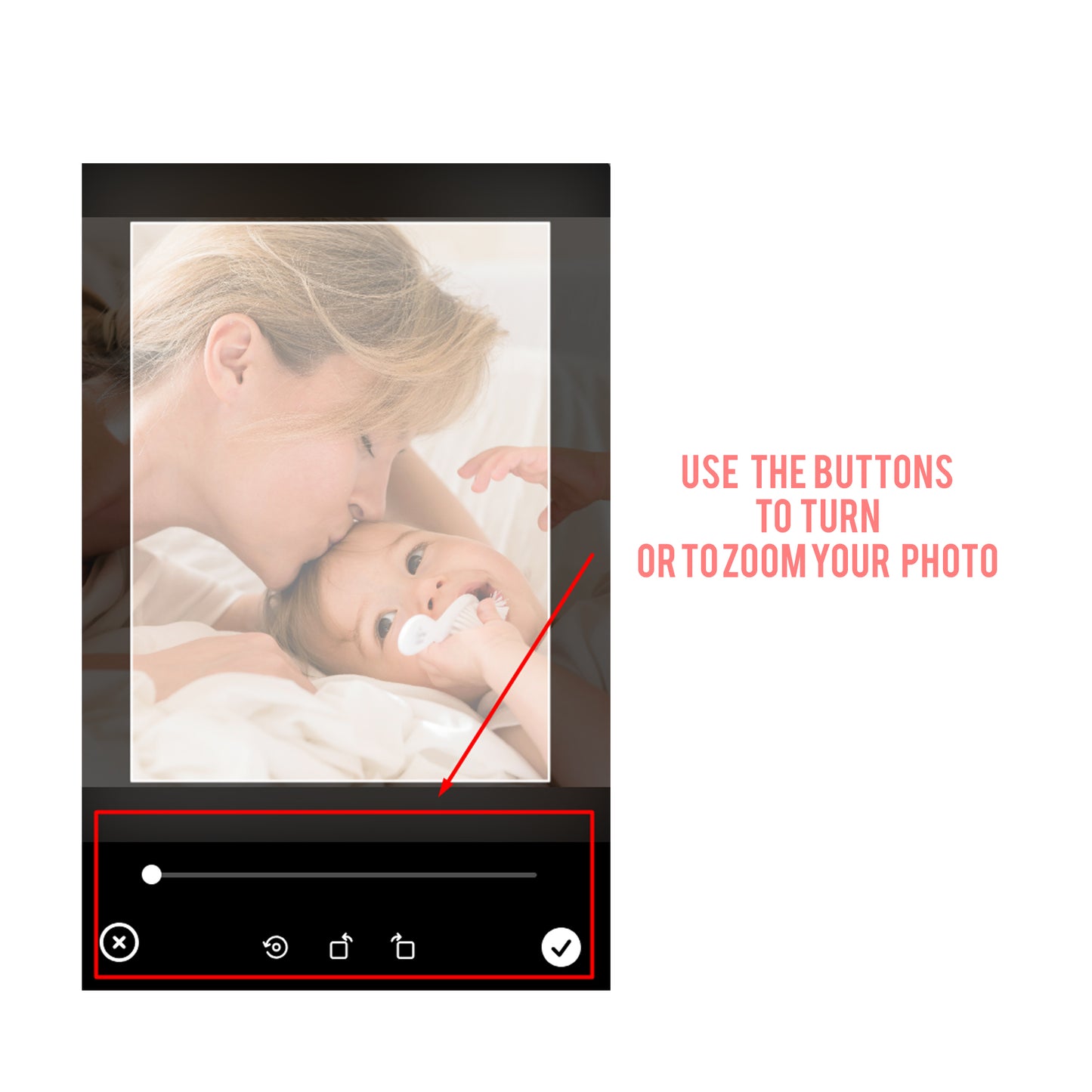 Customised photo wall art with interactive controls – Use the buttons to rotate or zoom your personalised photo for detailed viewing