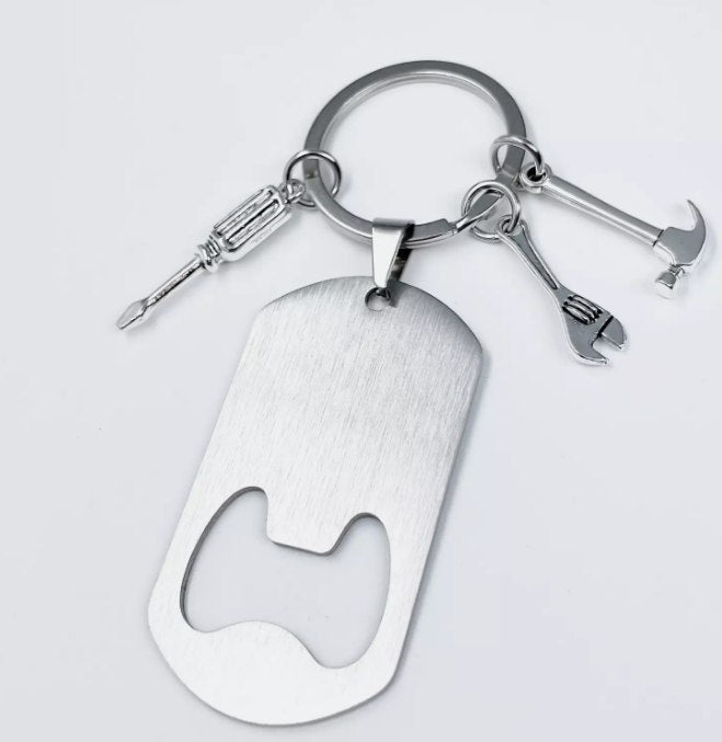 Personalised Bottle Opener Keyring – Custom Engraved Text in Silver | Gift for Men