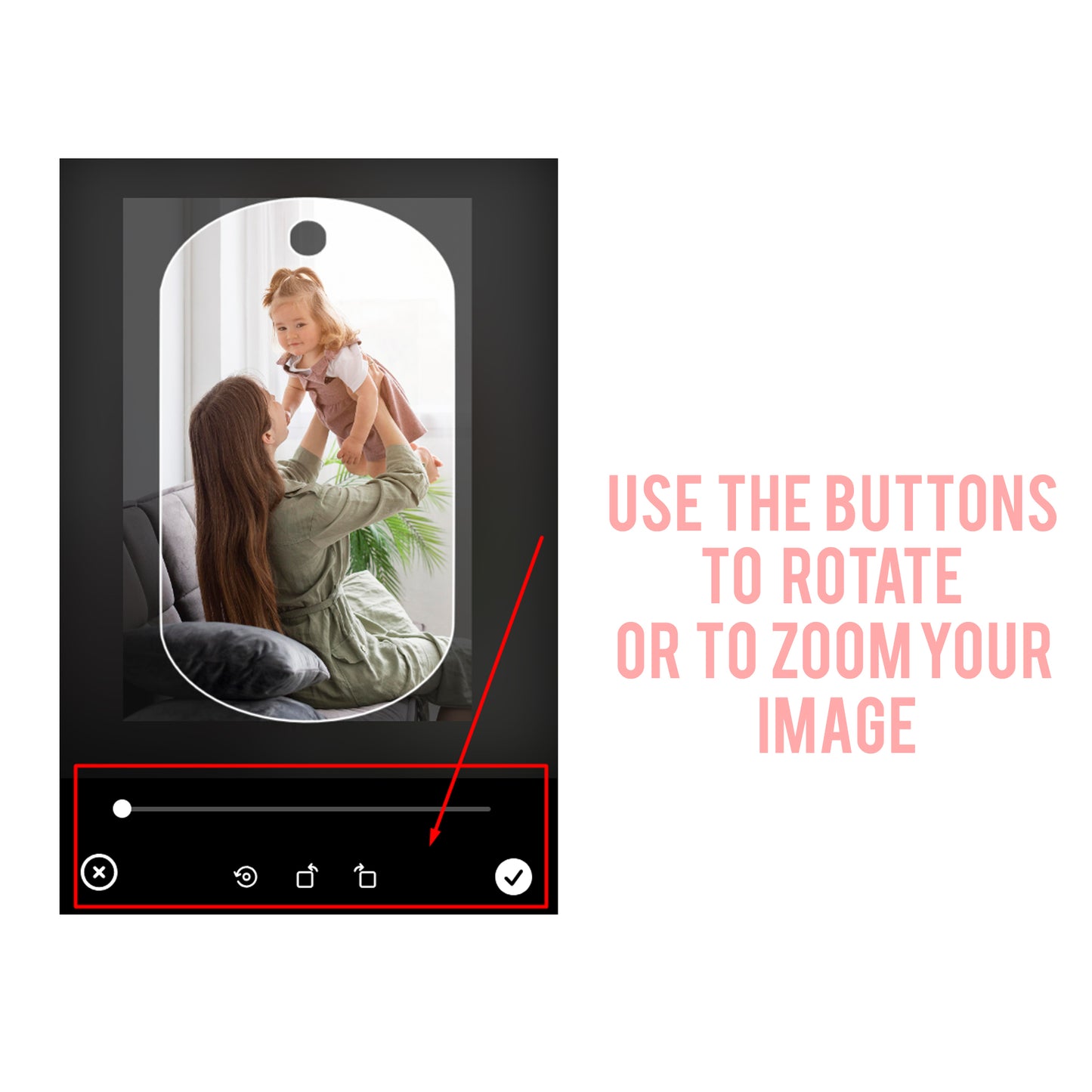 Use the buttons to rotate or zoom your image β Personalised 52mm oval keychain with engraving