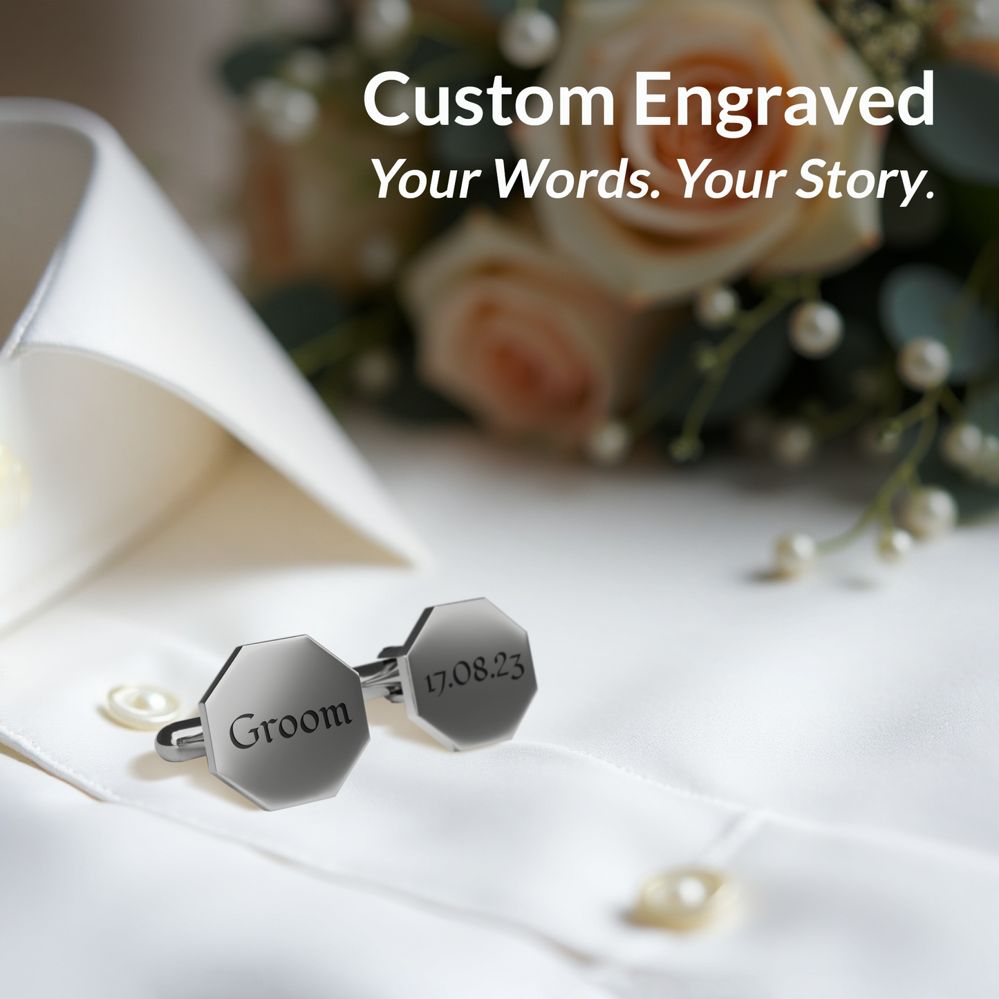 Custom Hexagon Cufflinks for Him – Sleek, Stylish & Personalised in 4 Luxe Finishes