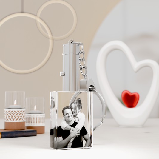 Shining Memories – Rectangular Engraved Photo Crystal Keychain with LED Light