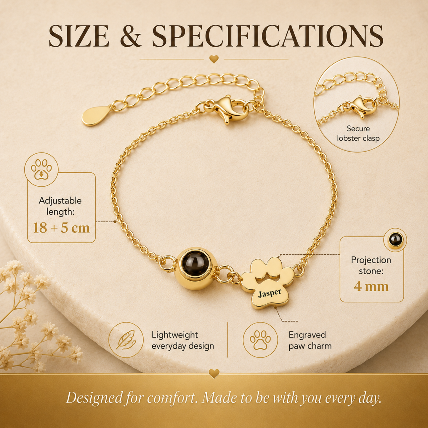 Personalised Paw Print Photo Projection & Name Bracelet