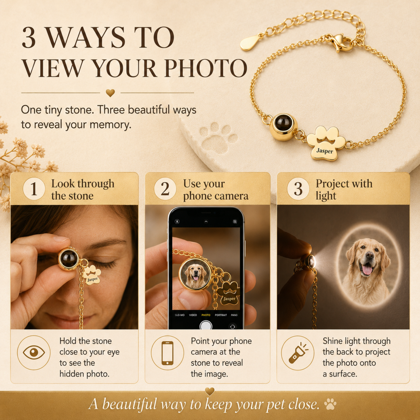 Personalised Paw Print Photo Projection & Name Bracelet