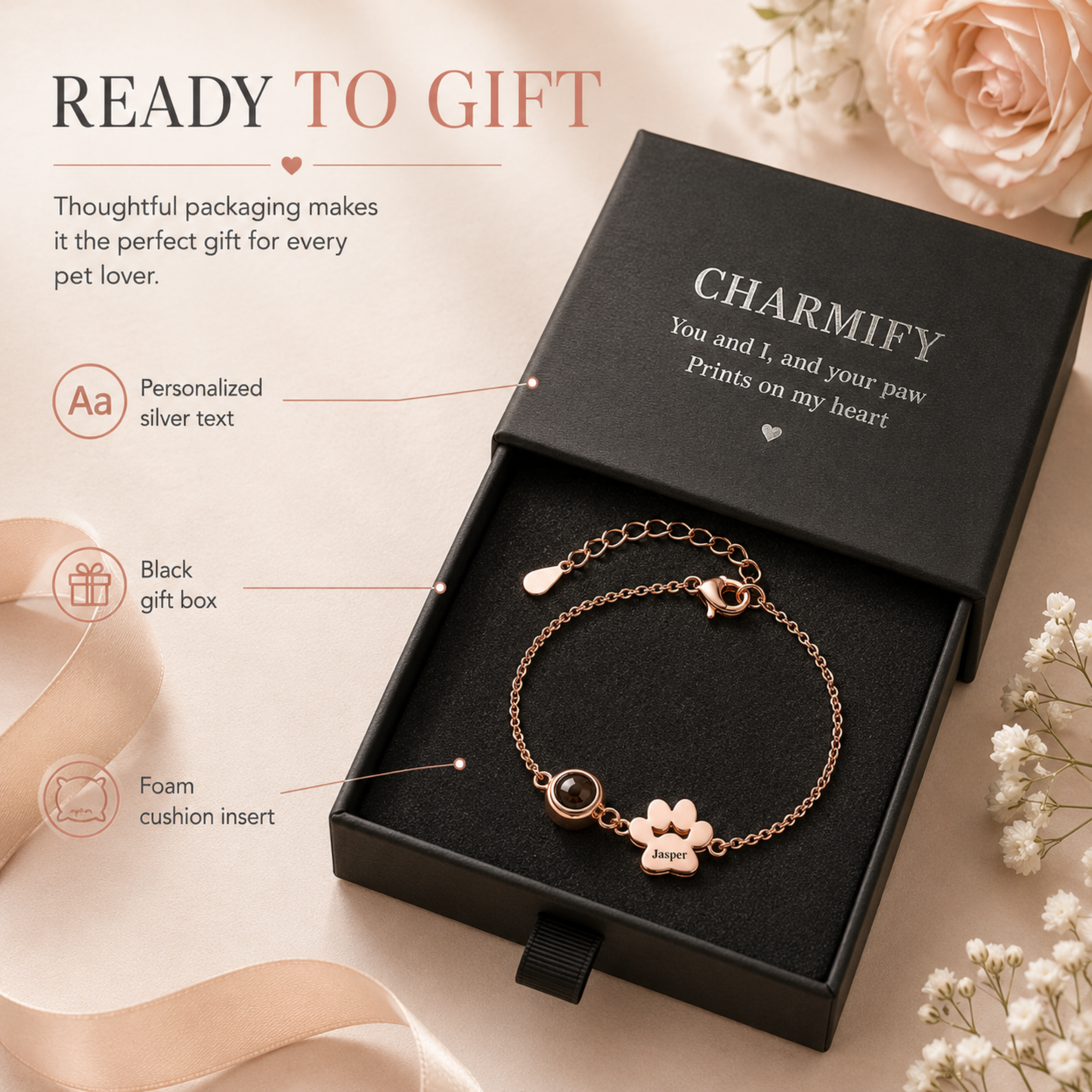 Personalised Paw Print Photo Projection & Name Bracelet