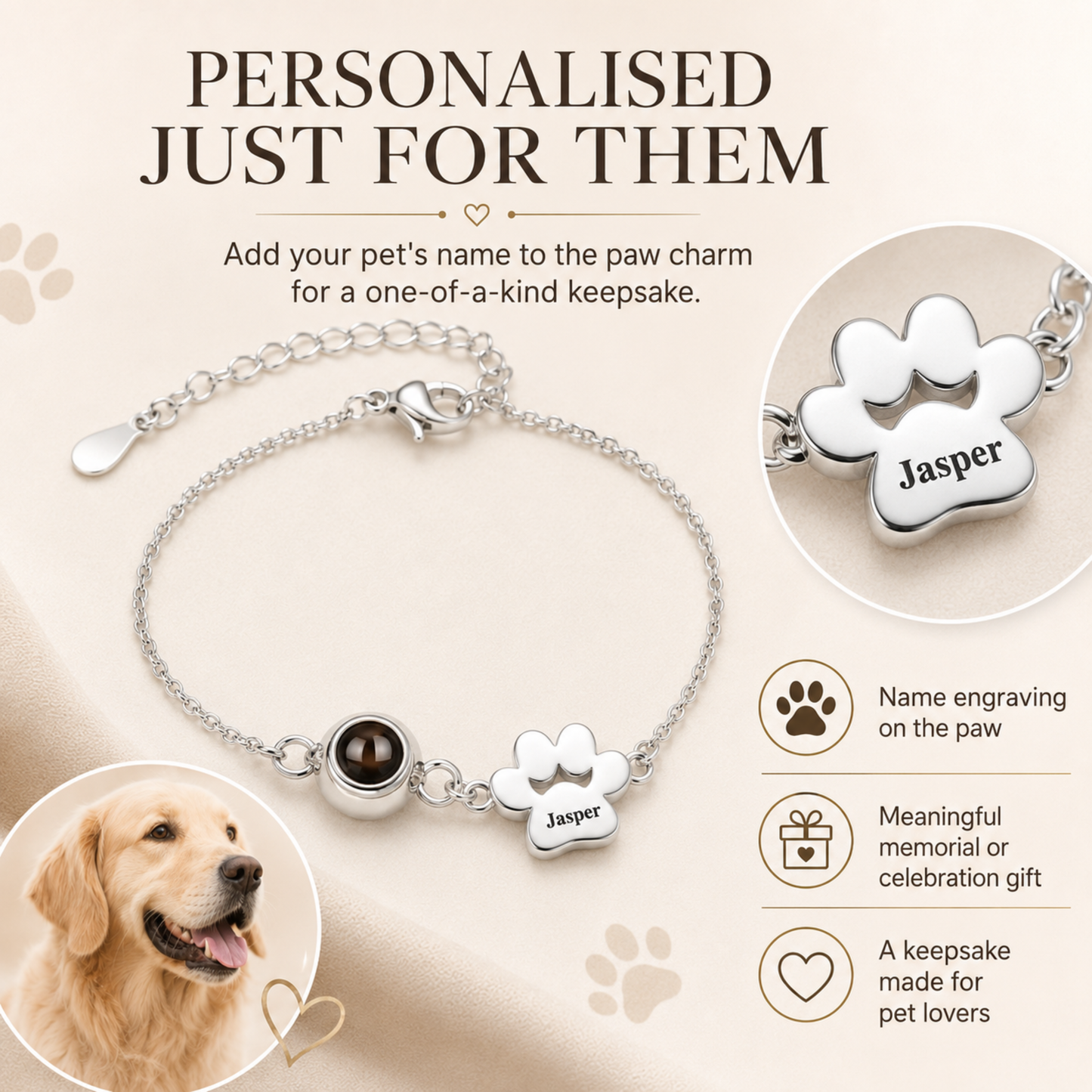 Personalised Paw Print Photo Projection & Name Bracelet