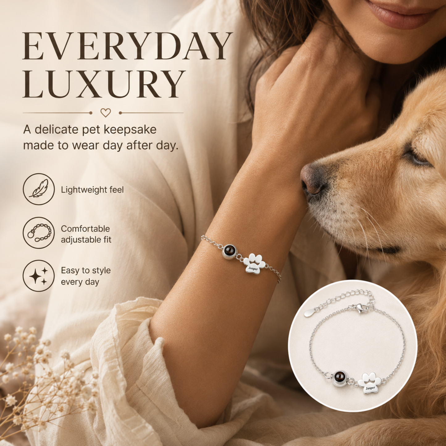 Personalised Paw Print Photo Projection & Name Bracelet
