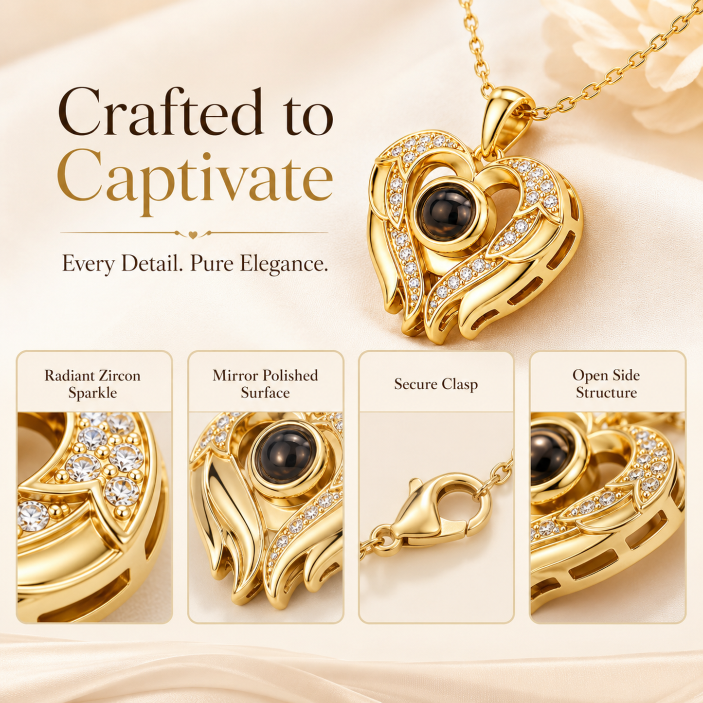Romantic Heart & Wings Photo Projection Necklace