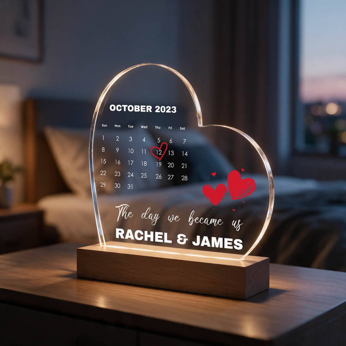 Personalised "The Day We Became Us" Heart LED Night Light