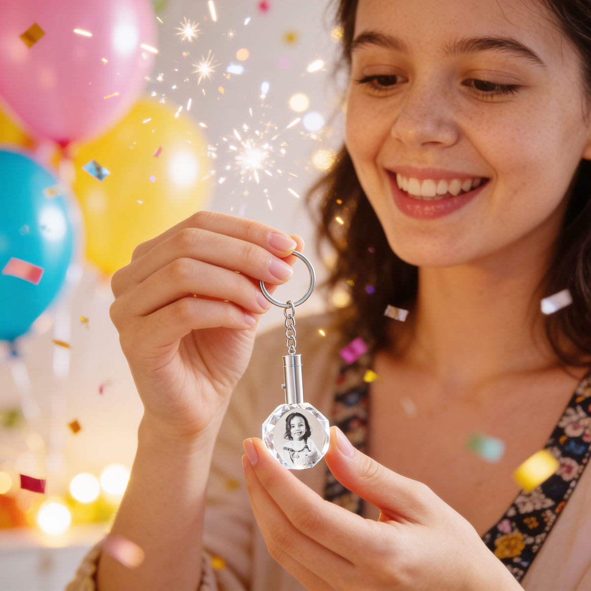 Custom Hexagon Photo Crystal Keychain – Light-Up Engraved Keepsake for Special Moments