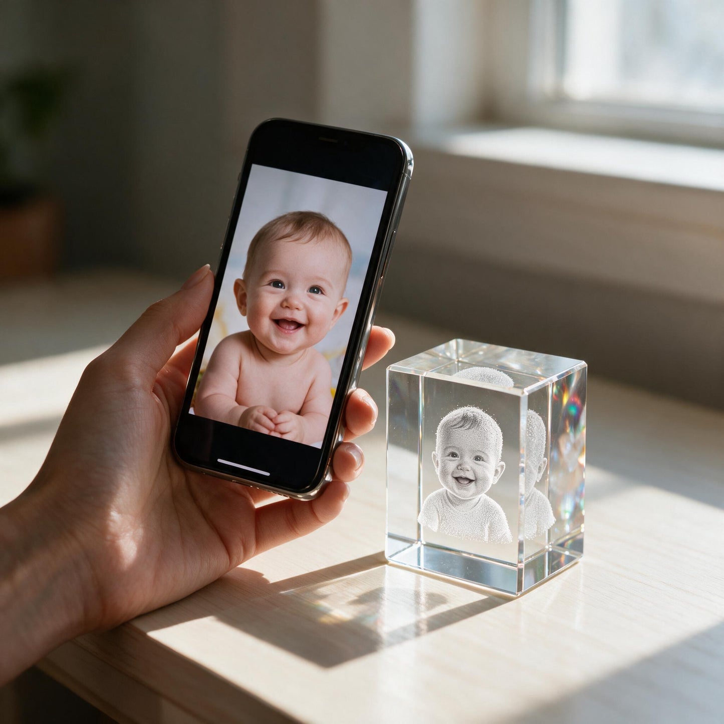 3D Cube Personalised Photo Crystal — Custom Laser Engraved Glass Keepsake
