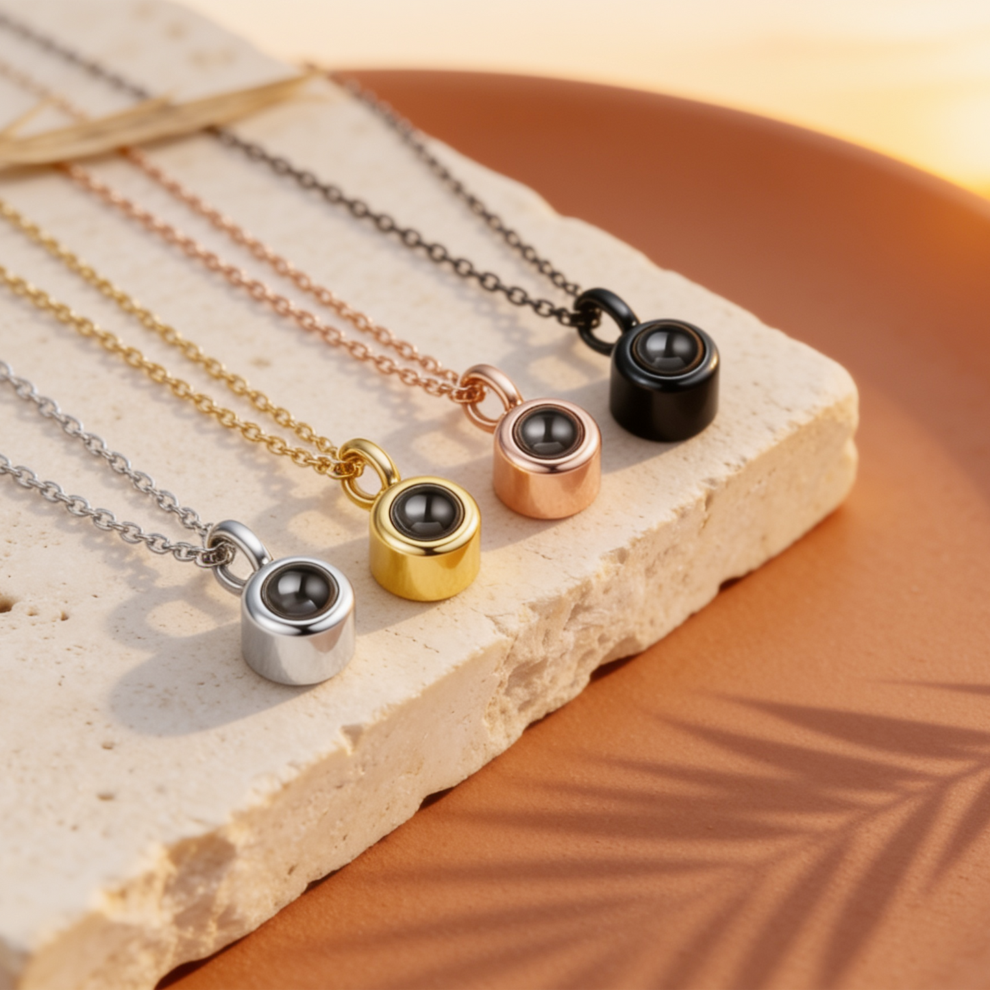 Minimalist Cylinder Photo Projection Necklace.