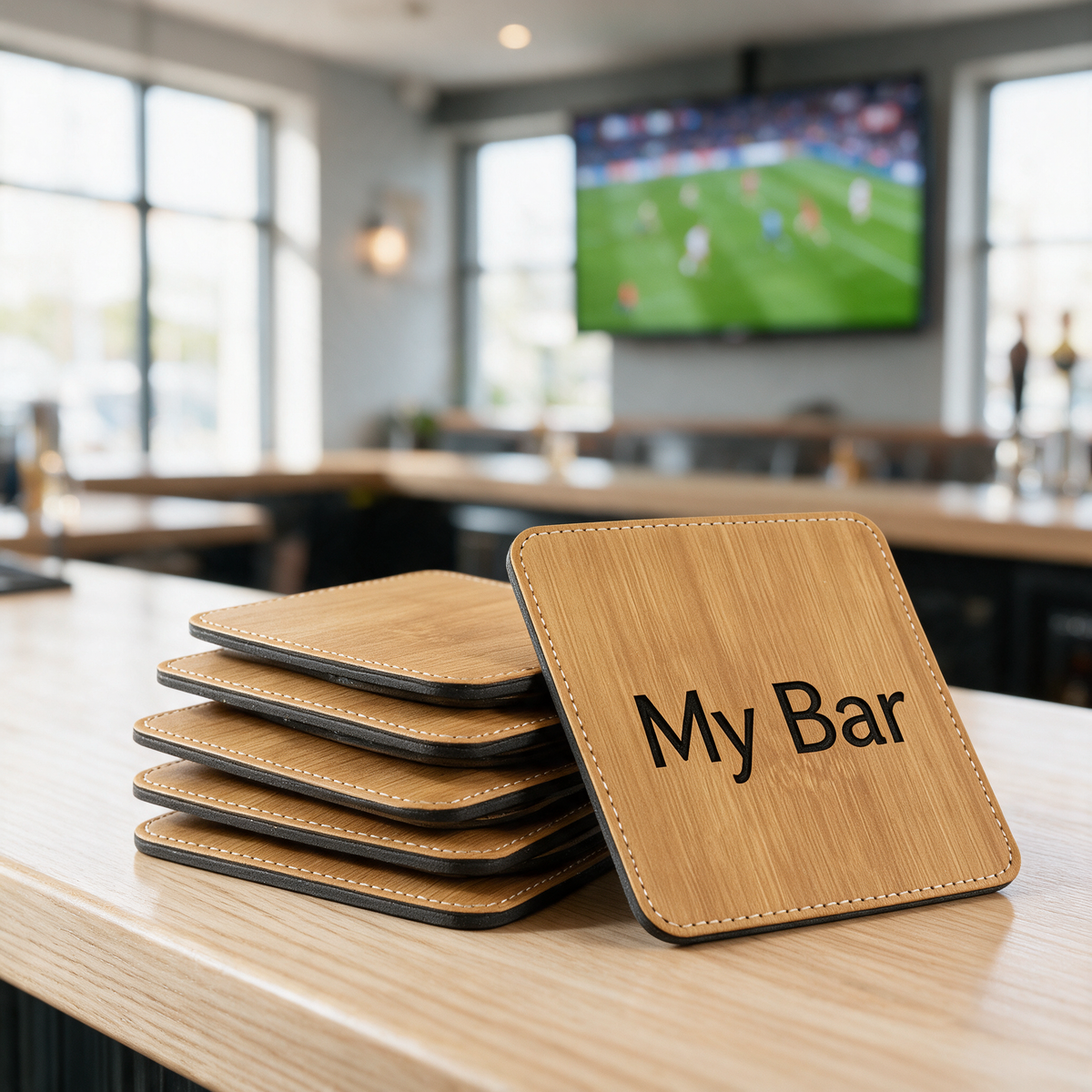 Custom Engraved Bamboo Leatherette Coasters — Premium Faux Leather Drink Mats