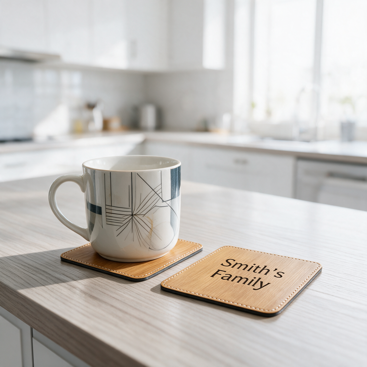 Custom Engraved Bamboo Leatherette Coasters — Premium Faux Leather Drink Mats
