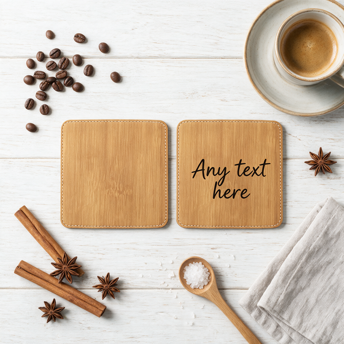 Custom Engraved Bamboo Leatherette Coasters — Premium Faux Leather Drink Mats