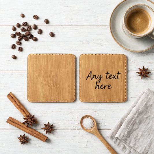 Custom Engraved Bamboo Leatherette Coasters — Premium Faux Leather Drink Mats