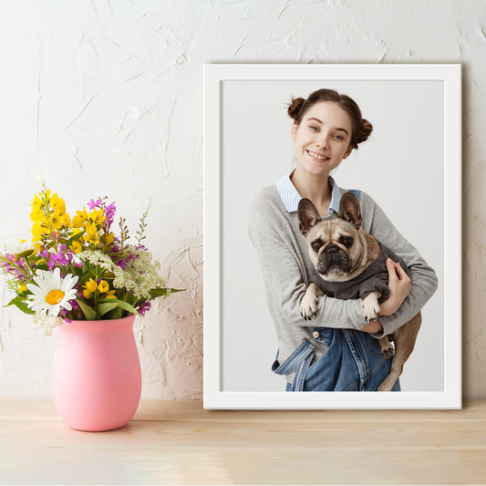 Personalised pet poster print with custom photo and white frame – High-quality wall art for pet lovers