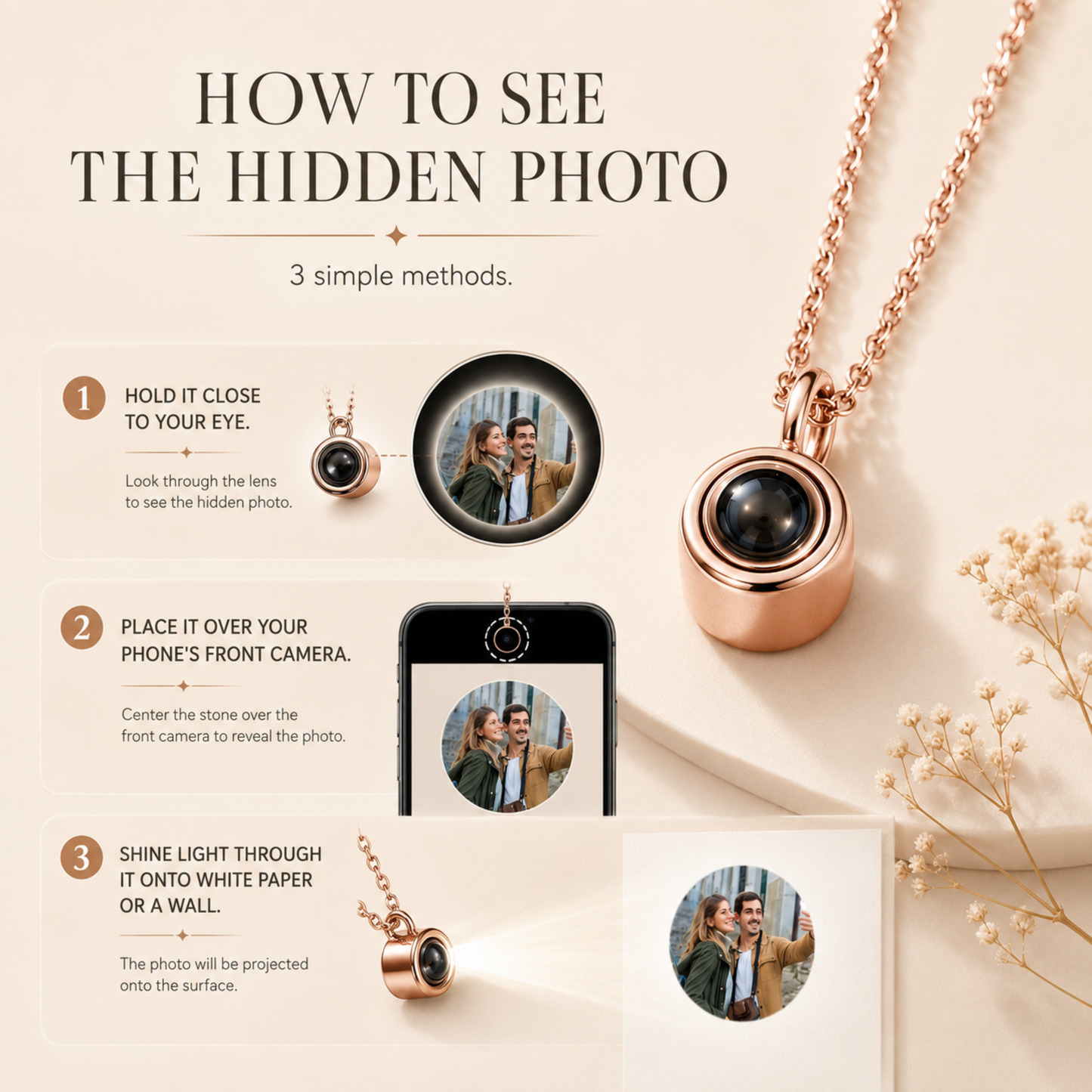 Minimalist Cylinder Photo Projection Necklace.