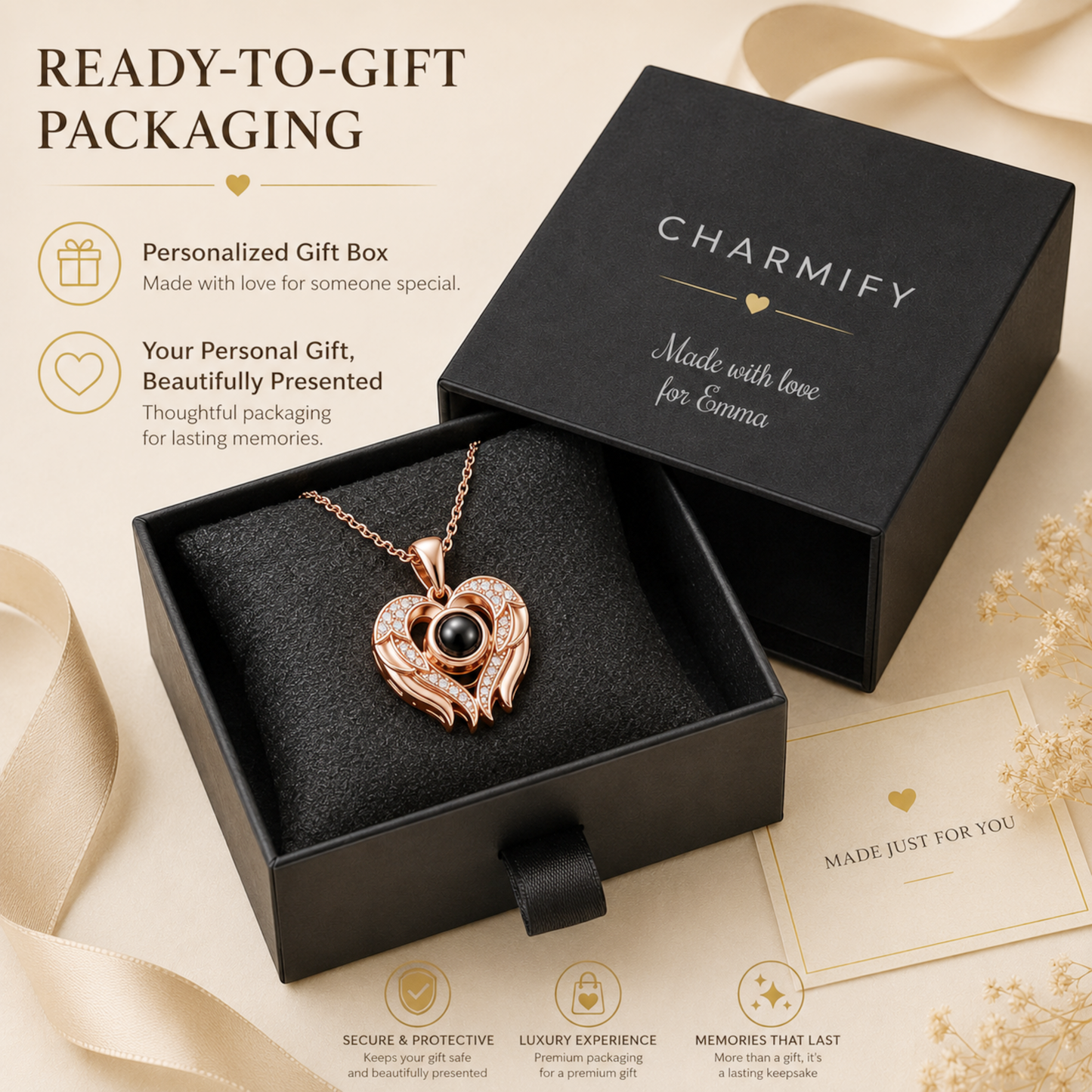 Romantic Heart & Wings Photo Projection Necklace