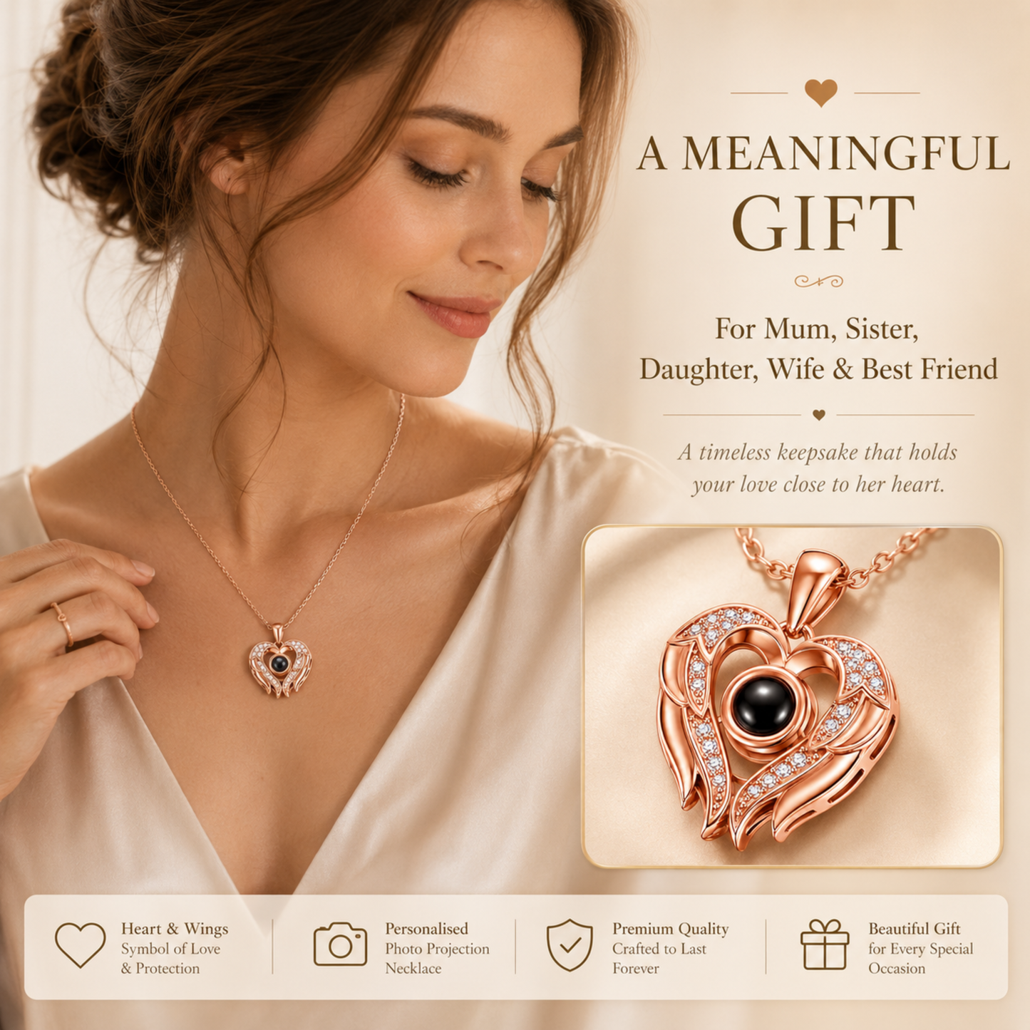 Romantic Heart & Wings Photo Projection Necklace