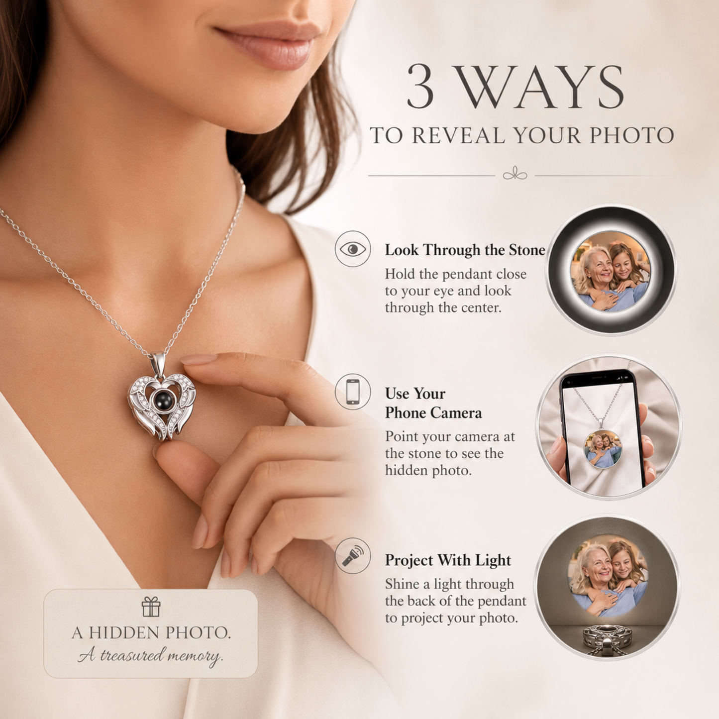 Romantic Heart & Wings Photo Projection Necklace